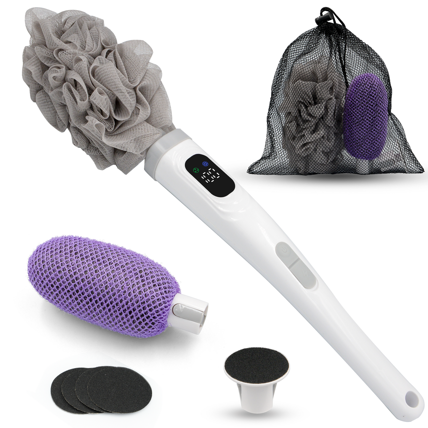 Sentryse Electric Body Scrubber with Long Handle, Rechargeable Back Scrubber for Shower with 3 Attachments, Spin Back Scrubber for Exfoliating, Deep Cleaning & Hard-to-Reach Areas