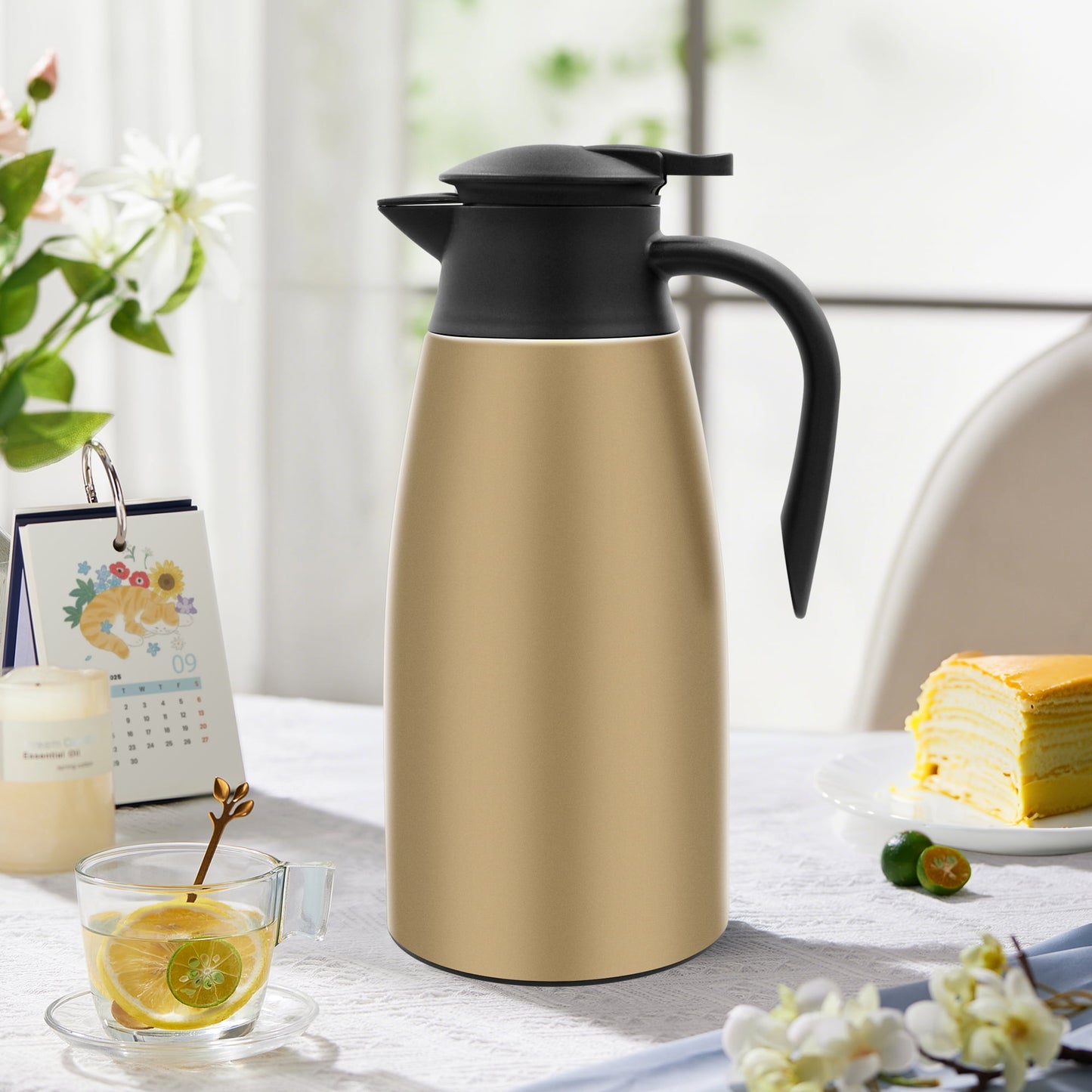 68oz Thermal Coffee Carafe, Stainless Steel Vacuum Insulated Coffee Thermos for Hot and Cold Beverage (Gold)