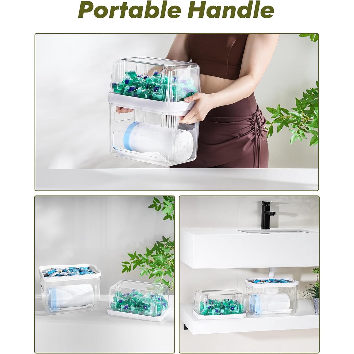 3-in-1 Trash Bag Dispenser, Laundry & Dishwasher Pods Organizer, Garbage Bag Holder, Cleaner Tablets Storage Box, Laundry Room Pantry Kitchen Under Sink Organizer Bin, Clear