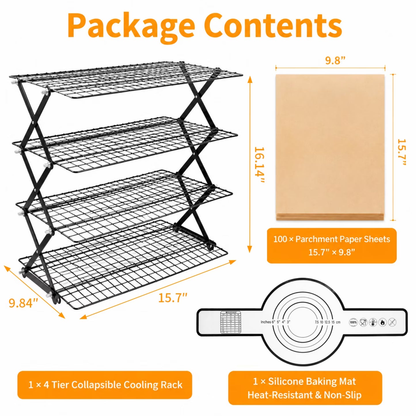 Sentryse 4 Tier Cooling Rack for Baking, Adjustable Collapsible Wire Rack with 100 Parchment Paper Sheets & Silicone Baking Mat for Cookies, Cakes, Roasting & Meal Prep