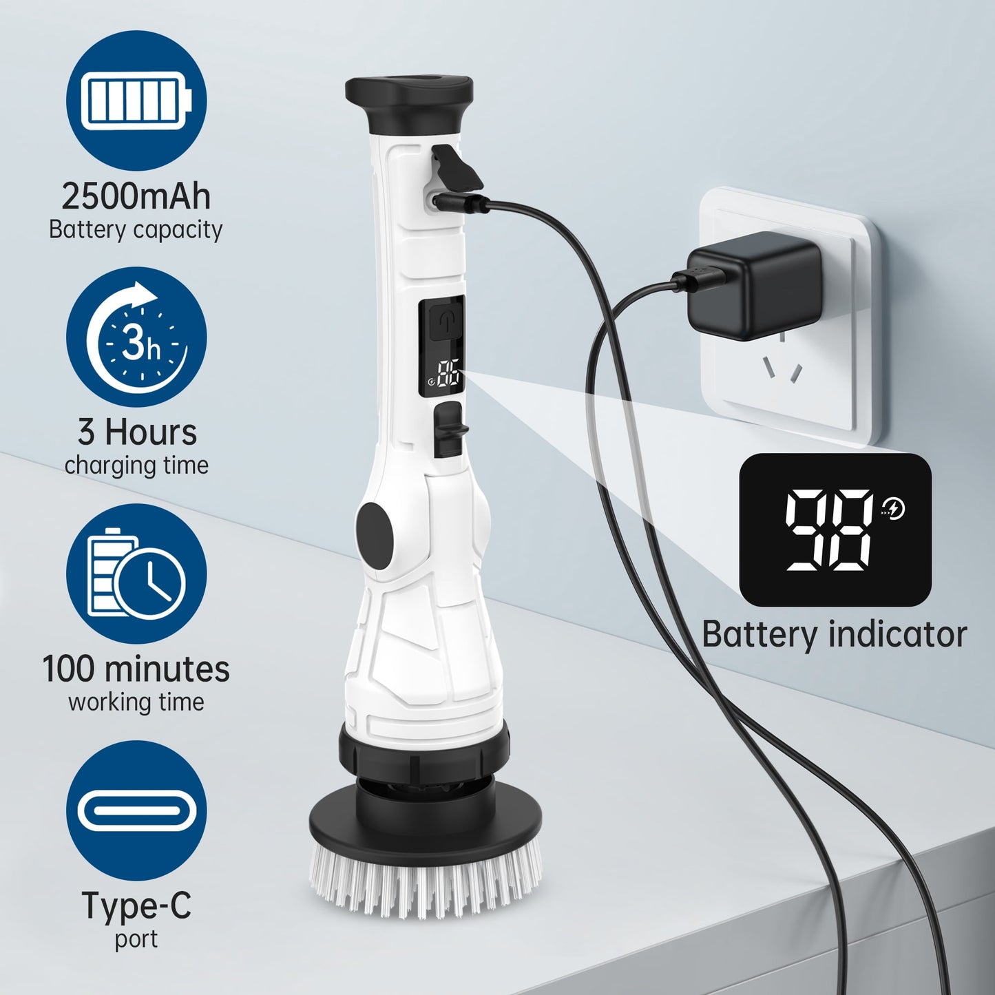 Electric Spin Scrubber, Adjustable Angle & Extension Handle, 3 Speed Mode Power Electric Scrubber for Cleaning, Cordless Shower Cleaning Brush with 8 Brush Heads for Bathroom/Tub/Floor/Tile