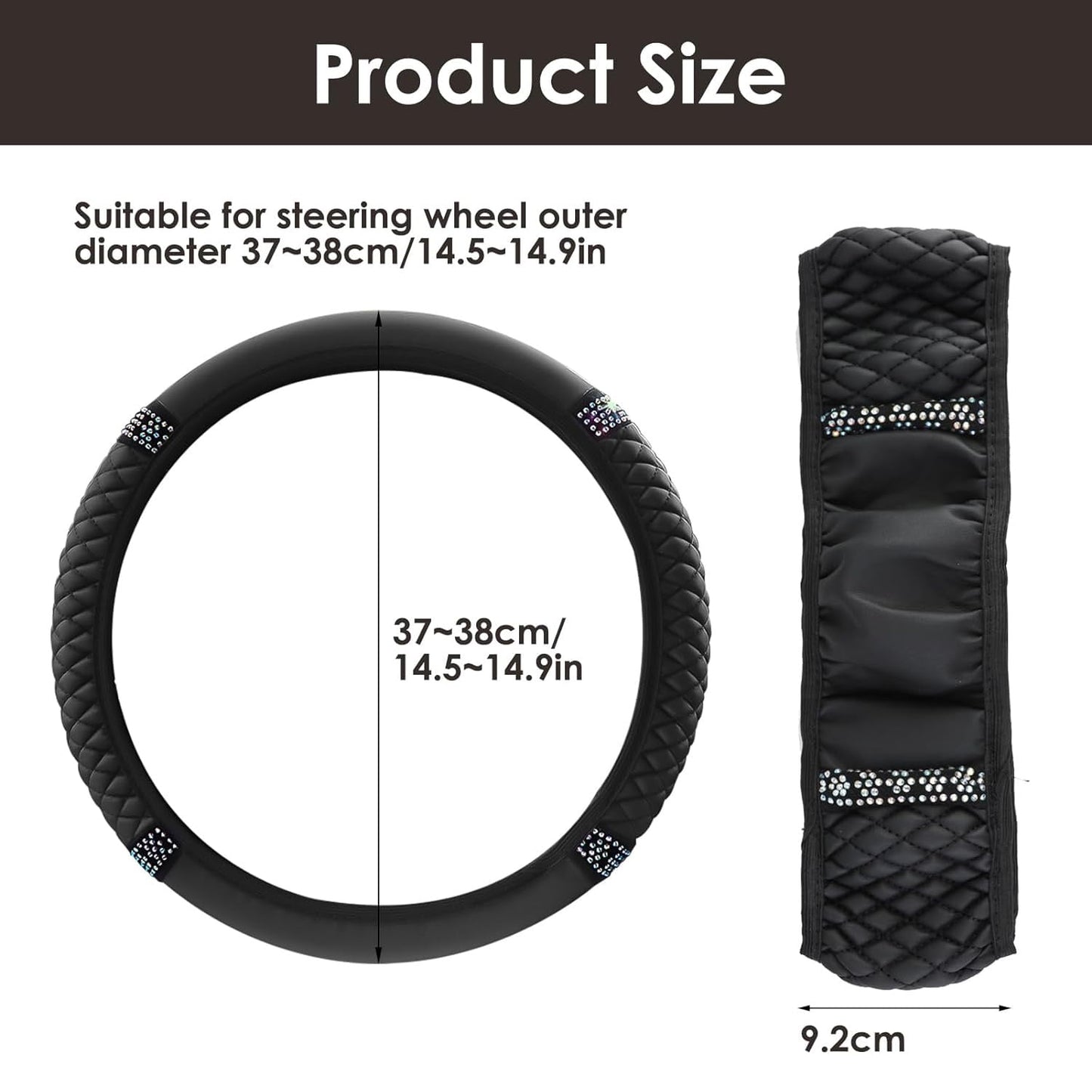 Sentryse Leather Car Steering Wheel Cover with Anti-Slip Lining, Universal 15 inch, Black