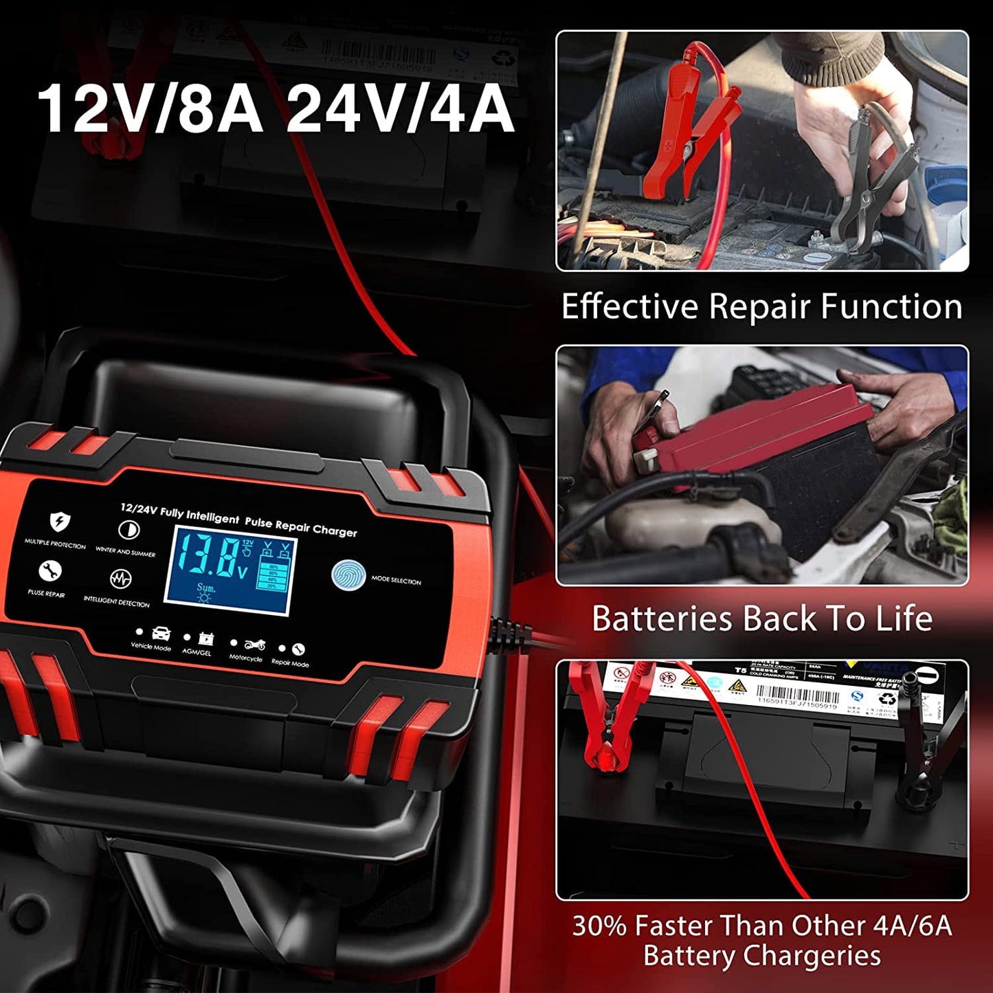 Sentryse Battery Charger 8-Amp, 12V 24V Fully-Automatic Smart Car Battery Charger, Battery Maintainer Trickle Charger, Battery Desulfator with Temperature Compensation