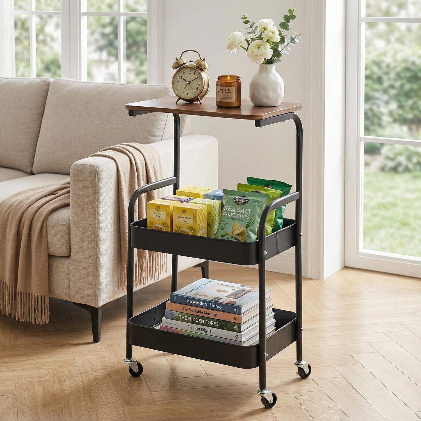 Sentryse 3 Tier Rolling Cart, Metal Rolling Utility Storage Carts with 2 Lockable Wheels, Craft Cart Organizer with Thickened Mesh Basket for Bedside Kitchen Office Art, Black