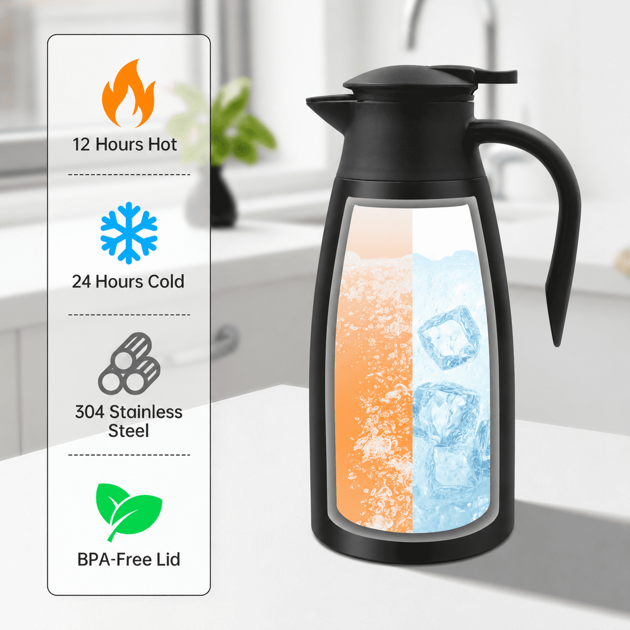 68oz Thermal Coffee Carafe, Stainless Steel Vacuum Insulated Coffee Thermos for Hot and Cold Beverage (Black)