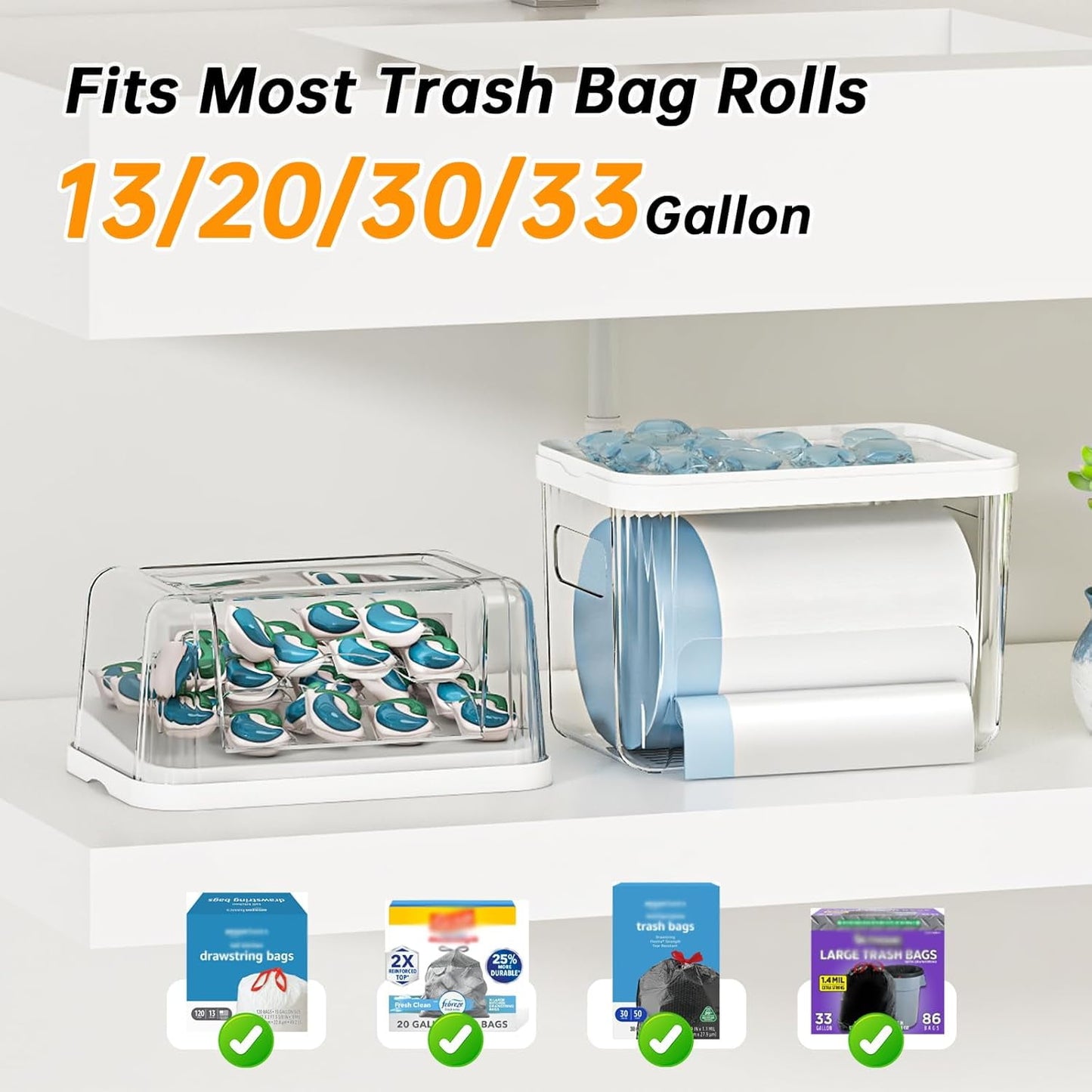 3-in-1 Trash Bag Dispenser, Laundry & Dishwasher Pods Organizer, Garbage Bag Holder, Cleaner Tablets Storage Box, Laundry Room Pantry Kitchen Under Sink Organizer Bin, Clear