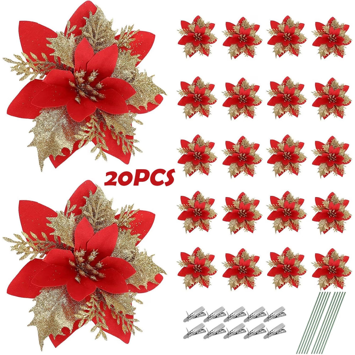 Red Poinsettia Flowers for Christmas Tree, 20 Pcs Glitter Artificial Silk Flowers Decorations with Clips & Stems for Xmas Tree Ornaments and Wreath Decoration, 5.5 Inch