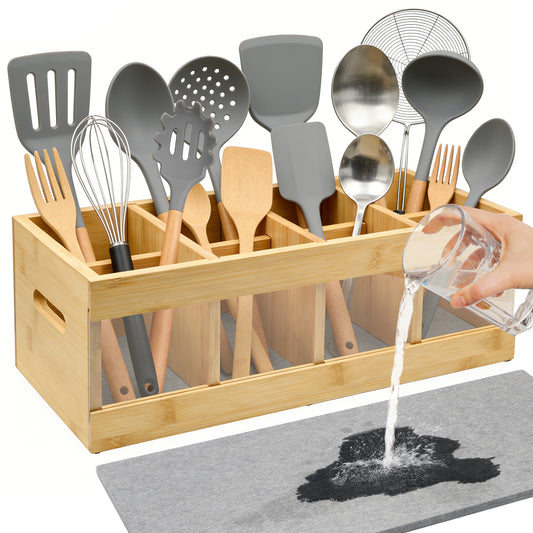 Sentryse Utensil Holder for Kitchen Counter, Extra Large Kitchen Utensil Organizer with 8 Compartments, Wooden Utensil Holder with Diatomite Base