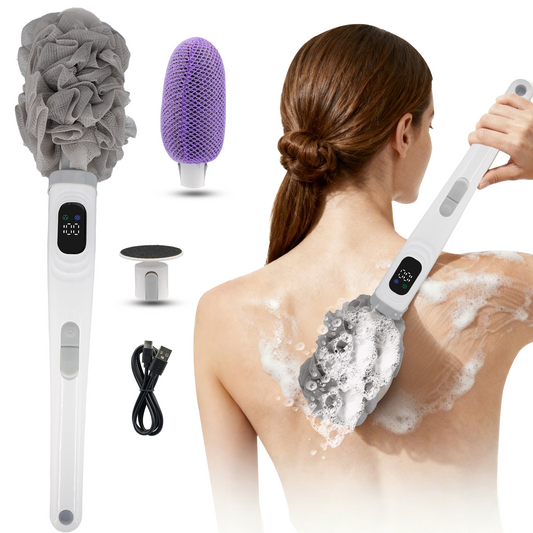 Sentryse Electric Body Scrubber with Long Handle, Rechargeable Back Scrubber for Shower with 3 Attachments, Spin Back Scrubber for Exfoliating, Deep Cleaning & Hard-to-Reach Areas