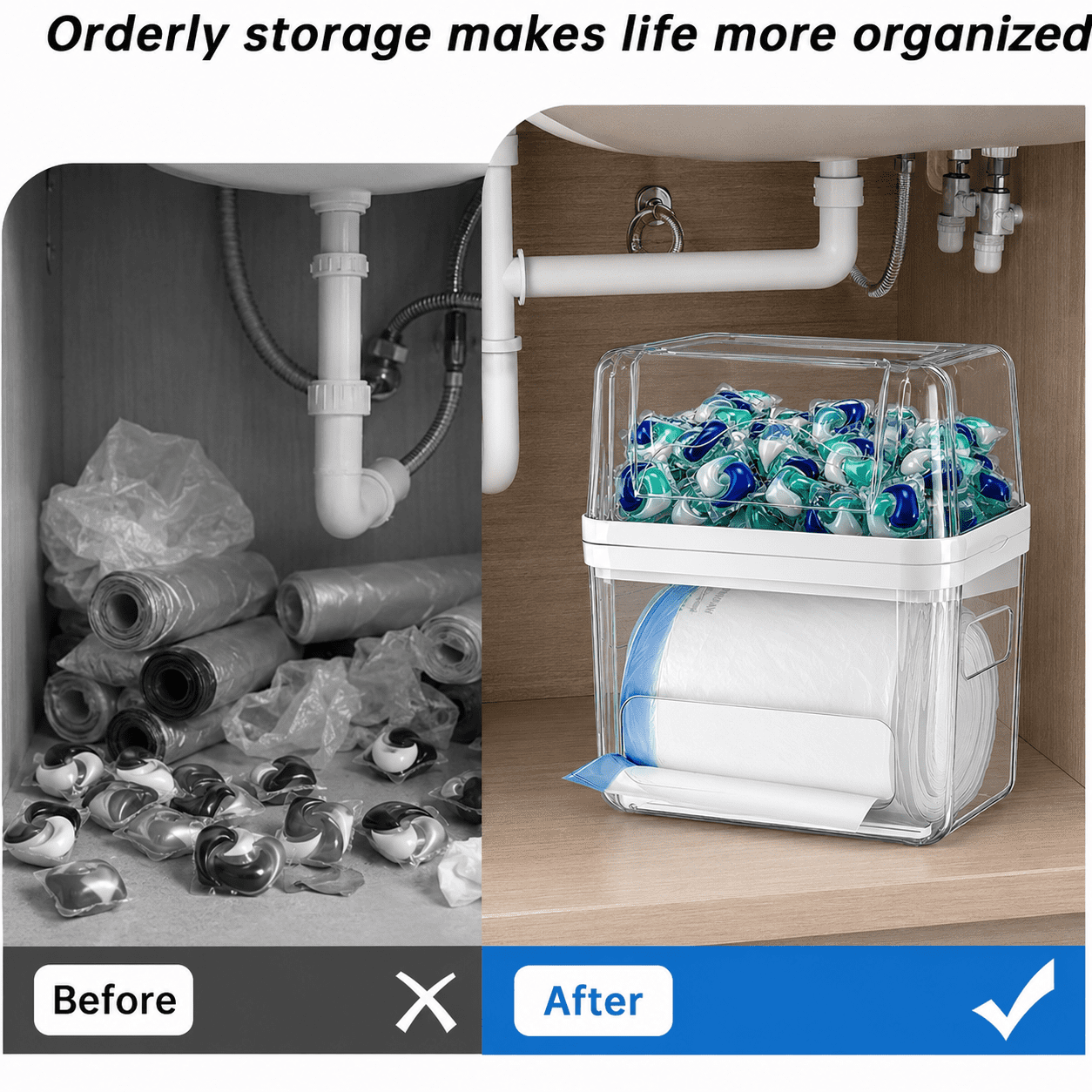 Sentryse Acrylic Trash Bag Dispenser and Pod Organizer, 3-in-1 Under Sink Storage for Trash Bags, Laundry Pods and Dishwasher Pods, Clear Kitchen Cabinet Organizer Bins