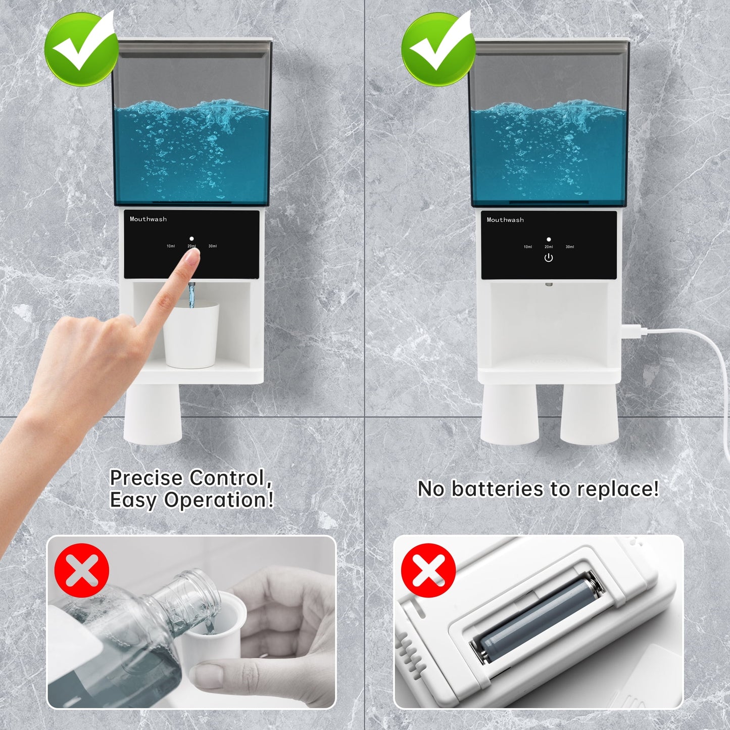 Sentryse 20oz Automatic Mouthwash Dispenser, 3 Dispensing Levels, Electric Mouth Wash Dispenser for Bathroom, 2 Magnetic Cups, Wall-Mounted＆Countertop Use