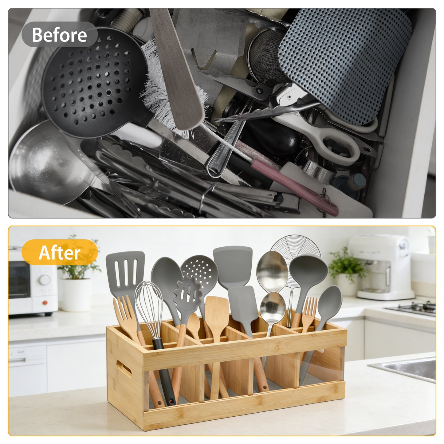 Sentryse Utensil Holder for Kitchen Counter, Extra Large Kitchen Utensil Organizer with 8 Compartments, Wooden Utensil Holder with Diatomite Base