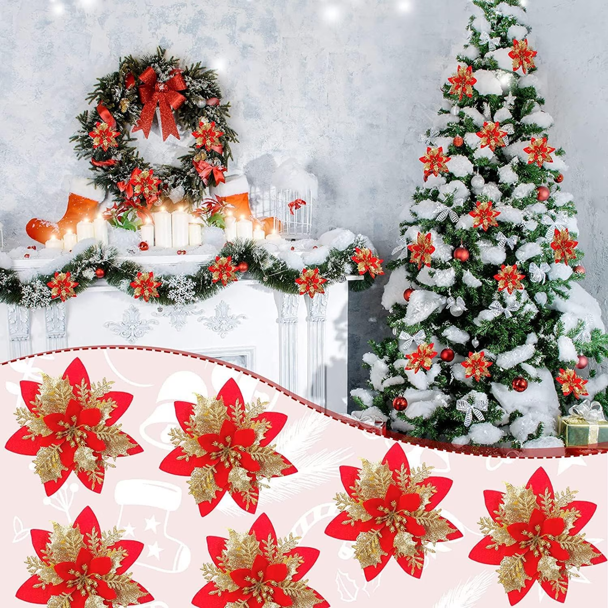 Red Poinsettia Flowers for Christmas Tree, 20 Pcs Glitter Artificial Silk Flowers Decorations with Clips & Stems for Xmas Tree Ornaments and Wreath Decoration, 5.5 Inch