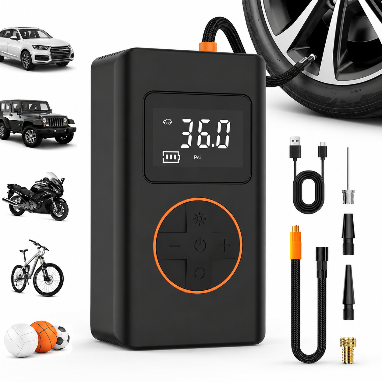 Tire Inflator Portable Air Compressor, Cordless Mini Bike Pump with Digital Display, 150 PSI Car Tire Air Pump with LED Light and Pressure Gauge for Auto, Motorcycles, Bikes, Balls