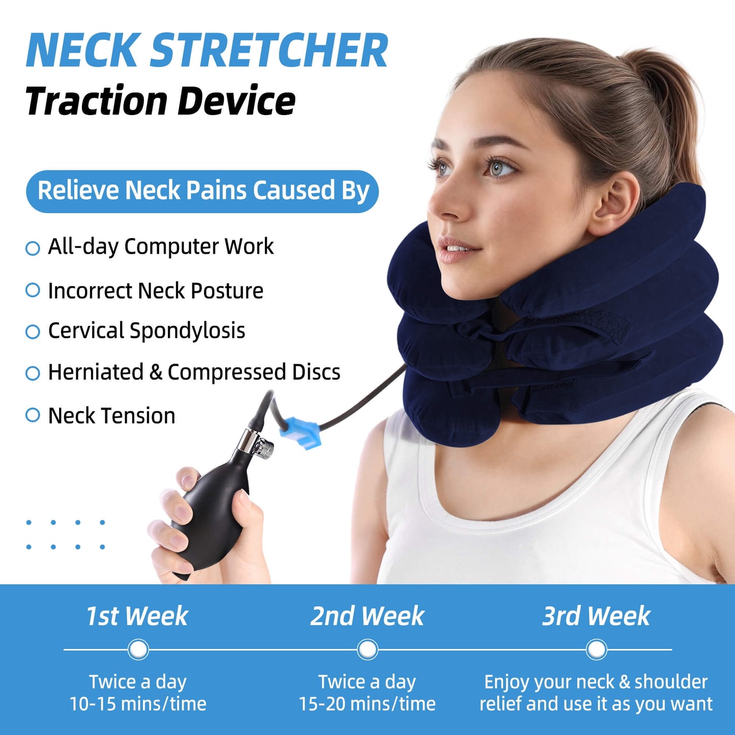 Sentryse Neck Stretcher for Pain Relief, Cervical Neck Traction Device, Adjustable Inflatable Neck Brace, Neck Traction Pillow for Home Use Neck Decompression, Blue