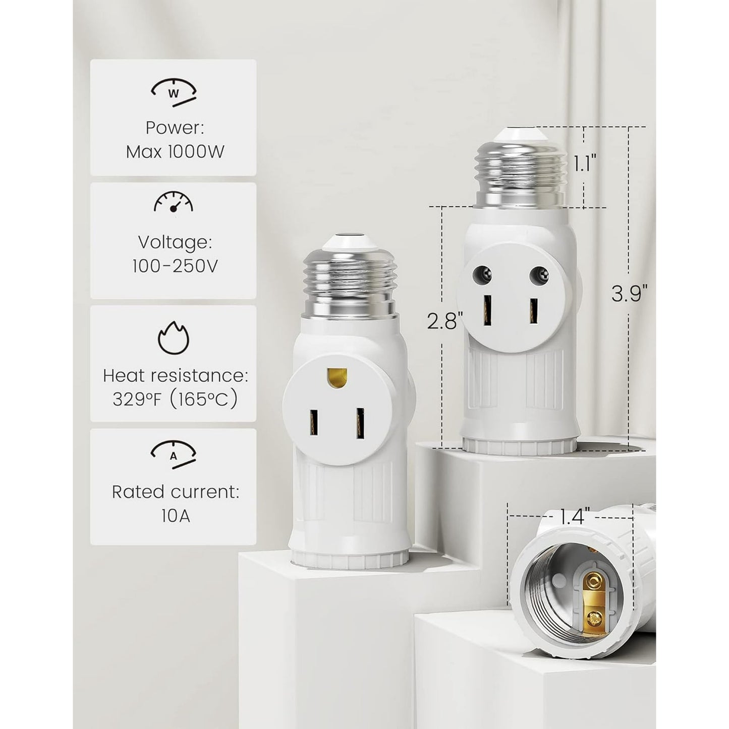 Sentryse 3 Prong E26 Light Socket to Plug Adapter, Heat Resistant Light Socket 2/3 Prong Outlet Light Bulb Plug Splitter Converter for Garage Porch, 2 Pack