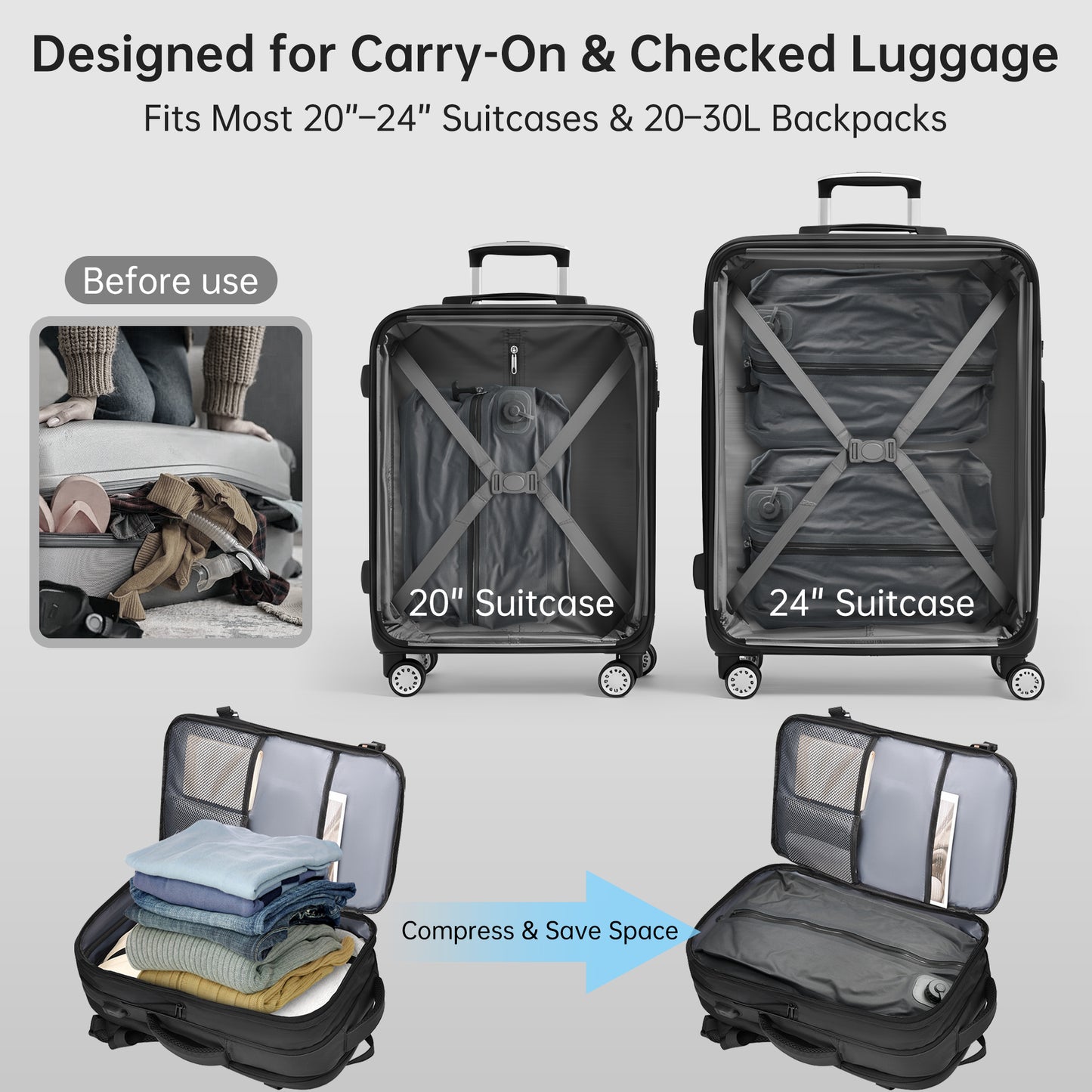 Sentryse 2-Pack Vacuum Bag for Travel, 16L TPU Vacuum Compression Bag for Carry on Suitcases & Backpack, Waterproof, Built-In Electric Pump, Space-Saving Travel Organizer, Black