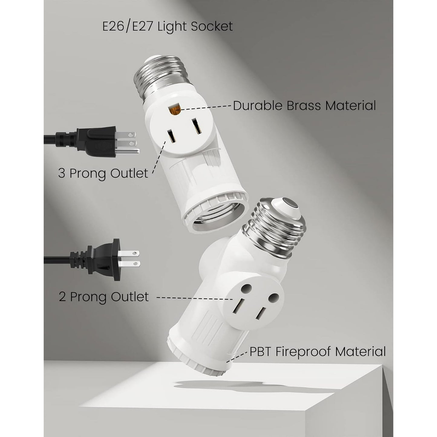 Sentryse 3 Prong E26 Light Socket to Plug Adapter, Heat Resistant Light Socket 2/3 Prong Outlet Light Bulb Plug Splitter Converter for Garage Porch, 2 Pack