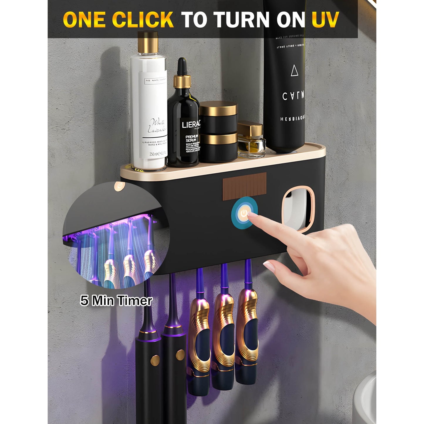 Toothbrush Holders for Bathrooms, UV Toothbrush Sanitizer Wall Mounted with Toothpaste Dispenser, Large Capacity Tray, Tooth Brushing Holder & Bathroom Accessories