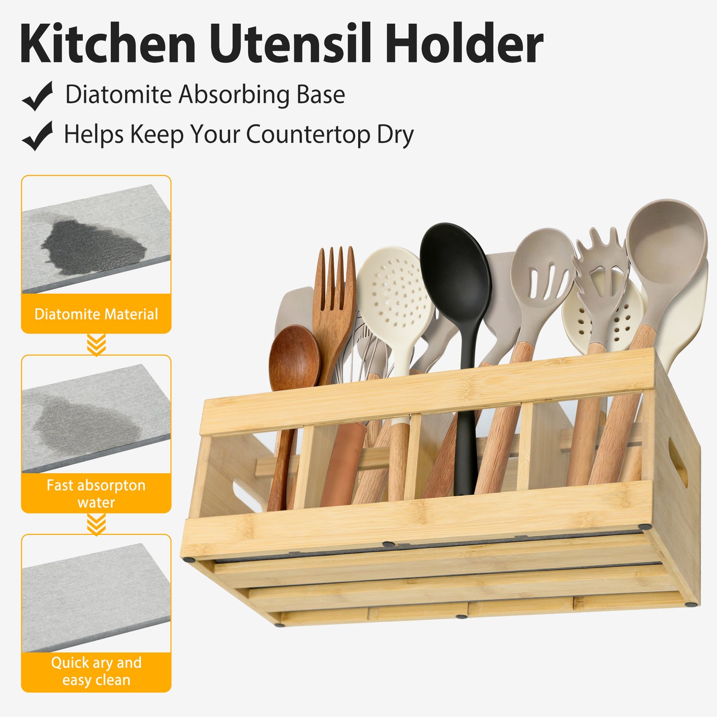 Sentryse Utensil Holder for Kitchen Counter, Extra Large Kitchen Utensil Organizer with 8 Compartments, Wooden Utensil Holder with Diatomite Base