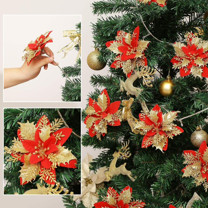 Red Poinsettia Flowers for Christmas Tree, 20 Pcs Glitter Artificial Silk Flowers Decorations with Clips & Stems for Xmas Tree Ornaments and Wreath Decoration, 5.5 Inch