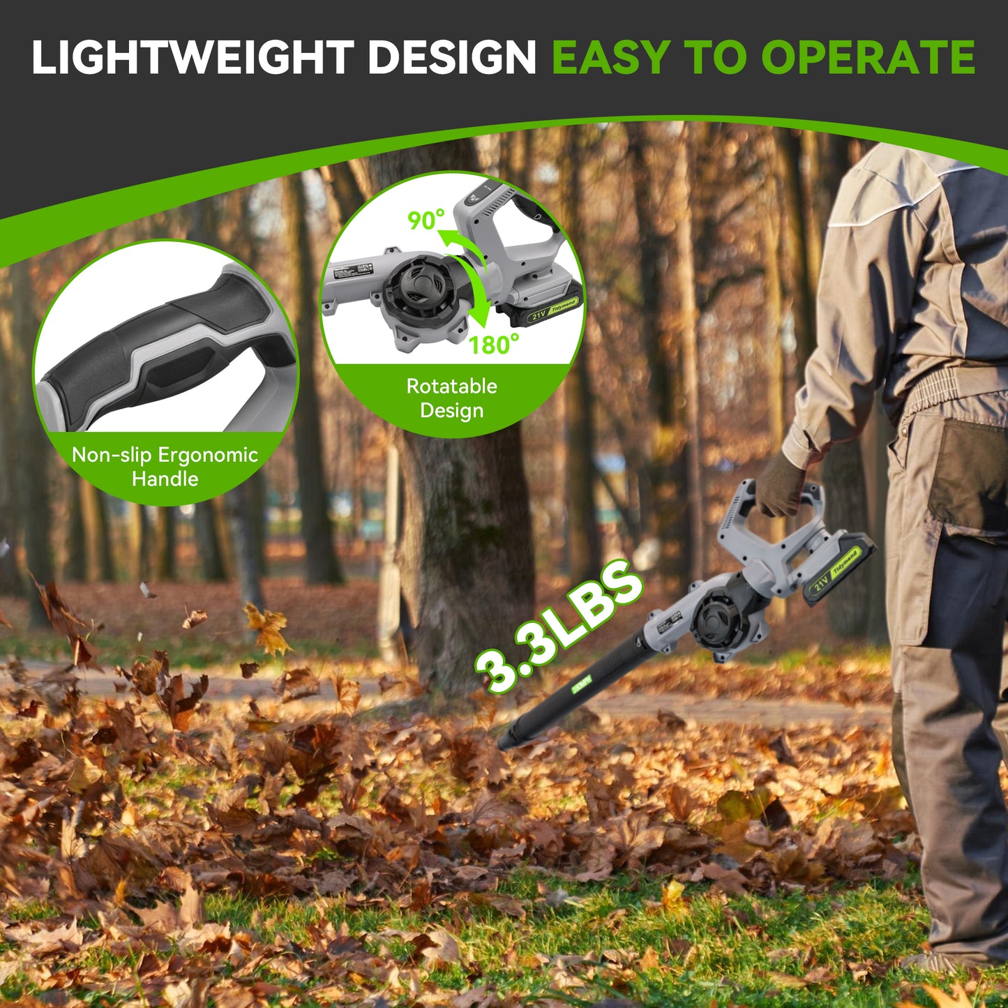 Tidymend 20V Cordless Leaf Blower with Battery and Charger, Lightweight Electric Leaf Blower for Lawn Care, Includes 2x 2.0Ah Batteries, 3 Blowing Nozzles