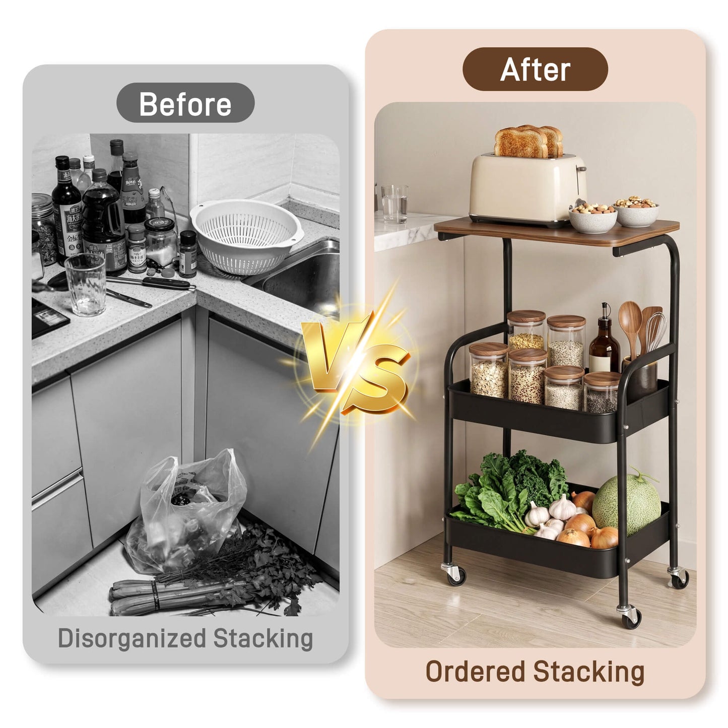 Sentryse 3 Tier Rolling Cart, Metal Rolling Utility Storage Carts with 2 Lockable Wheels, Craft Cart Organizer with Thickened Mesh Basket for Bedside Kitchen Office Art, Black