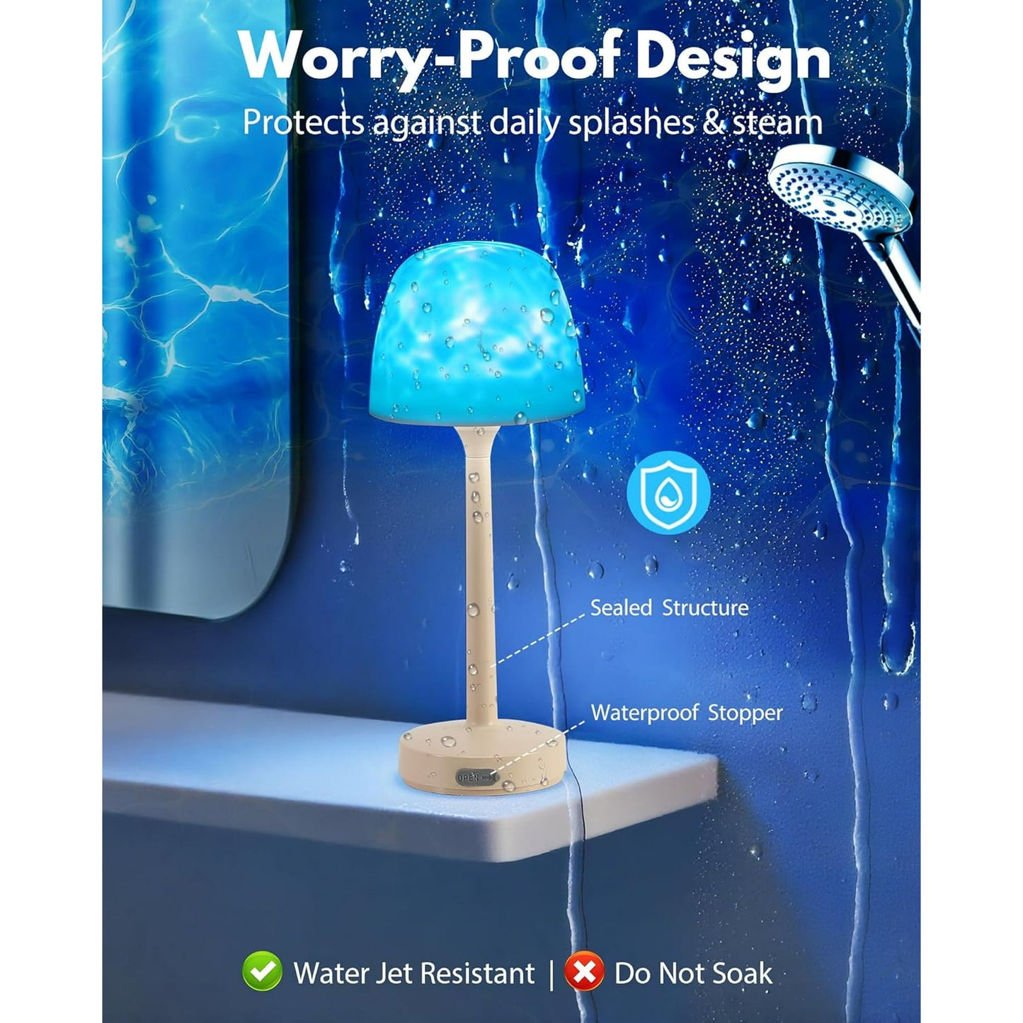 Sentryse Shower Lamp - Waterproof Bathroom Lamp with 16 Color Ocean Wave Projector, Rechargeable Shower Light with Touch & Remote Control, Cordless Light for Inside Shower/Bathtub