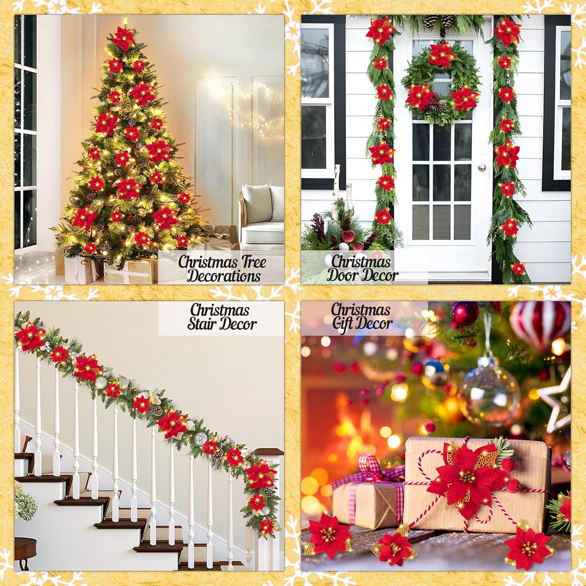 Red Poinsettia Flowers for Christmas Tree, 20 Pcs Glitter Artificial Silk Flowers Decorations with Clips & Stems for Xmas Tree Ornaments and Wreath Decoration, 5.5 Inch