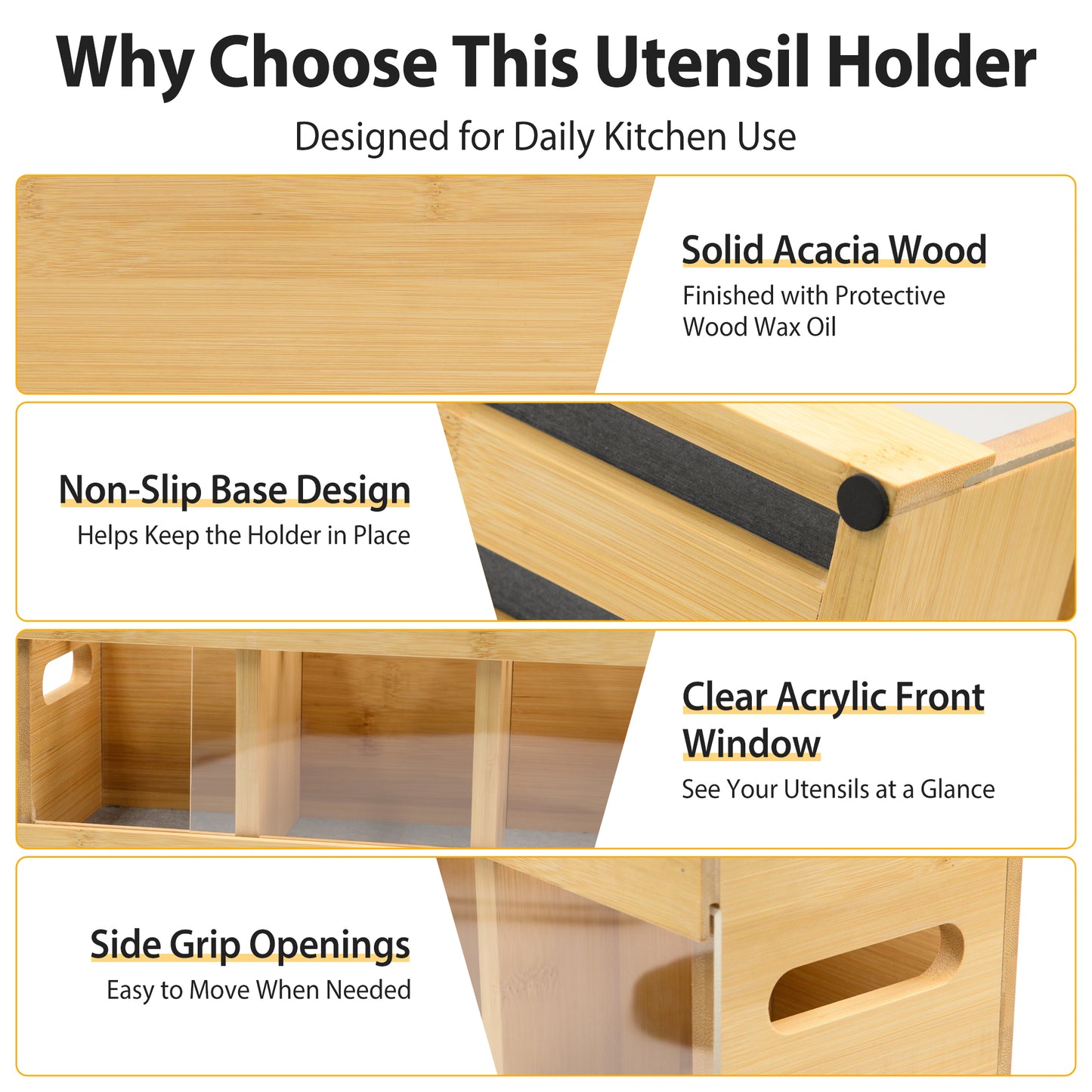 Sentryse Kitchen Utensil Holder with 6 Compartments, Wooden Utensil Holder for Kitchen Counter, Cooking Utensils Organizer with Quick Dry Diatomite Base, Acacia Rustic Wood, Small Size