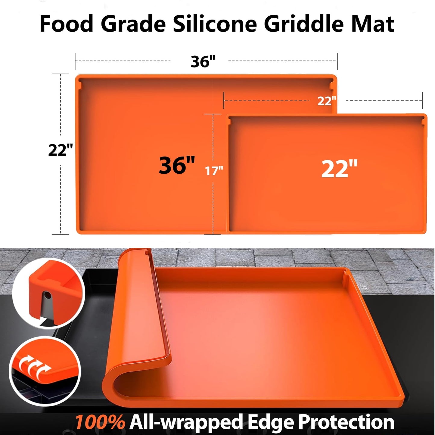 36" Full-Edge Protective Griddle Mat for Blackstone, Food-Grade Silicone Griddle Cover, Blackstone Griddle Accessories, Orange