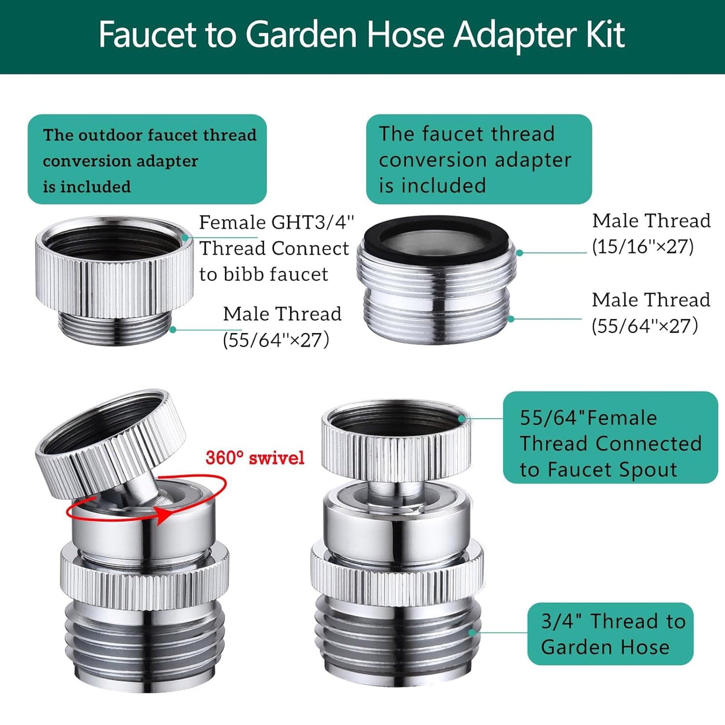 Sentryse Swivel Faucet Adapter Kit, Brass 3/4" Faucet to Garden Hose Adapter, Chrome Silver