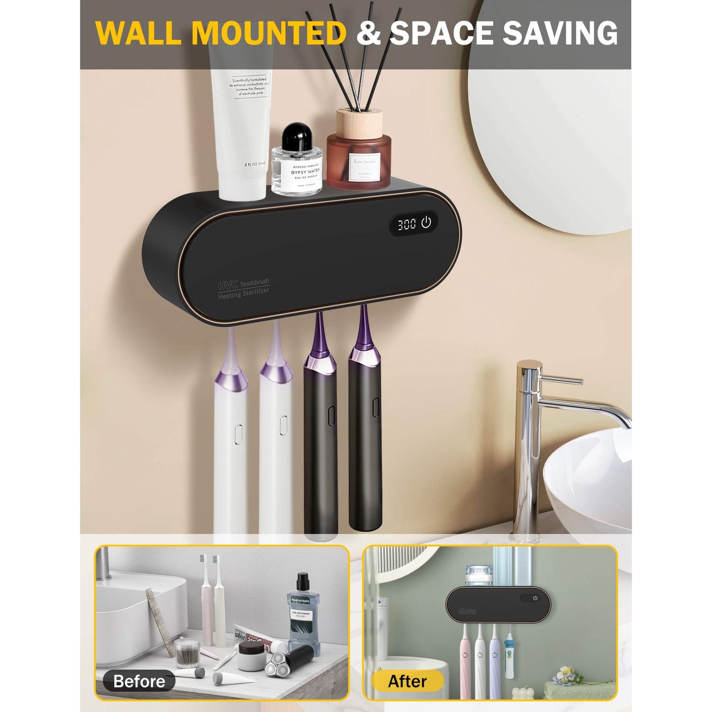 Sentryse Toothbrush Holders for Bathrooms, Rechargeable UV Toothbrush Sanitizer Holder, Wall Mounted 4 Slot, 1 Pack