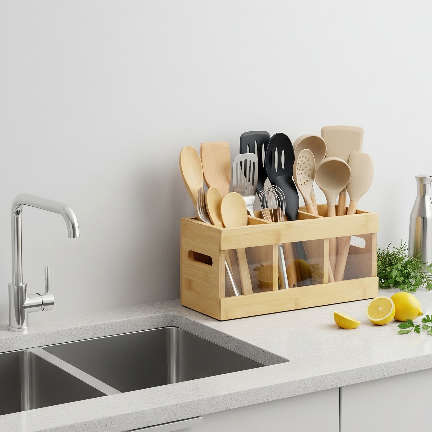 Sentryse Kitchen Utensil Holder with 6 Compartments, Wooden Utensil Holder for Kitchen Counter, Cooking Utensils Organizer with Quick Dry Diatomite Base, Acacia Rustic Wood, Small Size