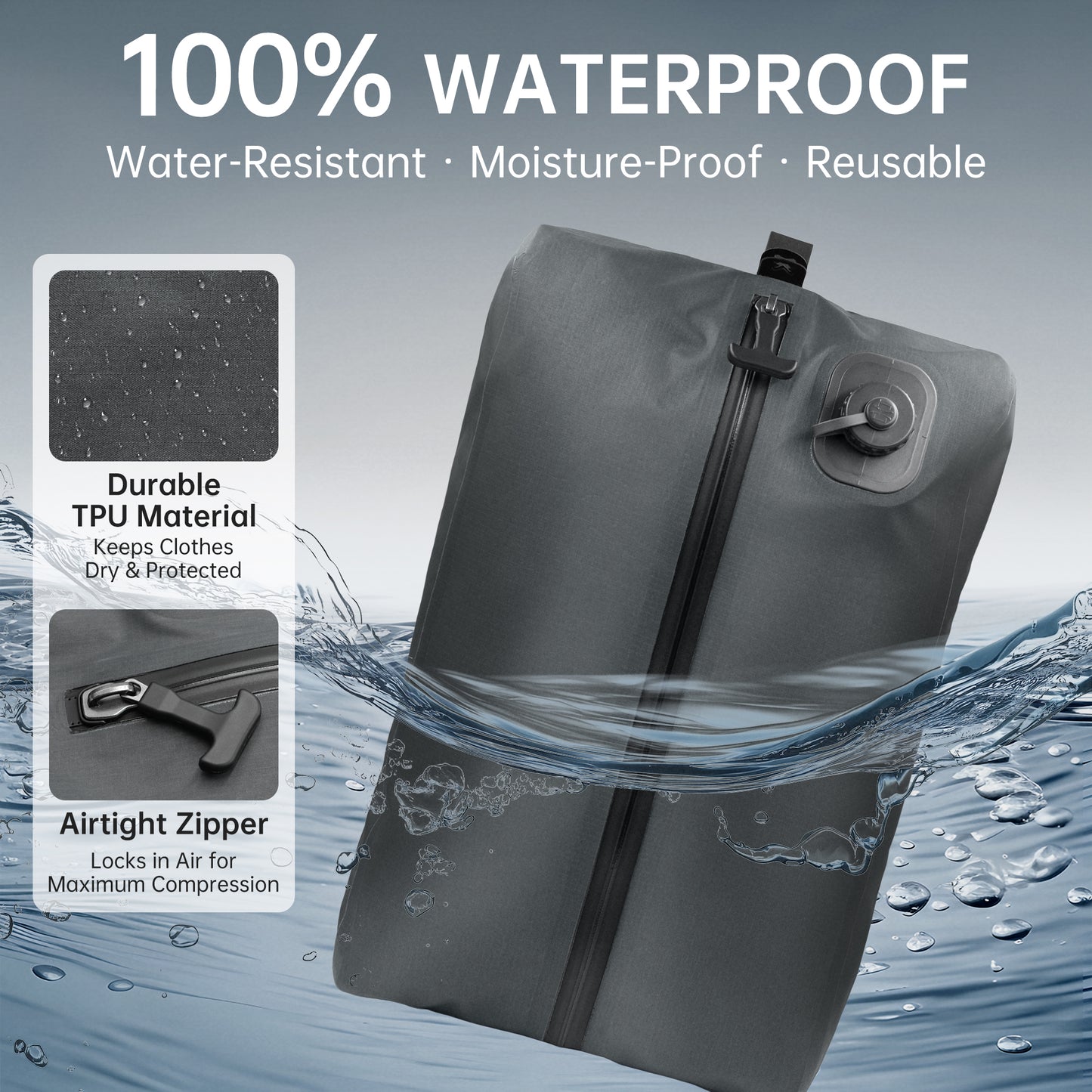 Sentryse 2-Pack Vacuum Bag for Travel, 16L TPU Vacuum Compression Bag for Carry on Suitcases & Backpack, Waterproof, Built-In Electric Pump, Space-Saving Travel Organizer, Black