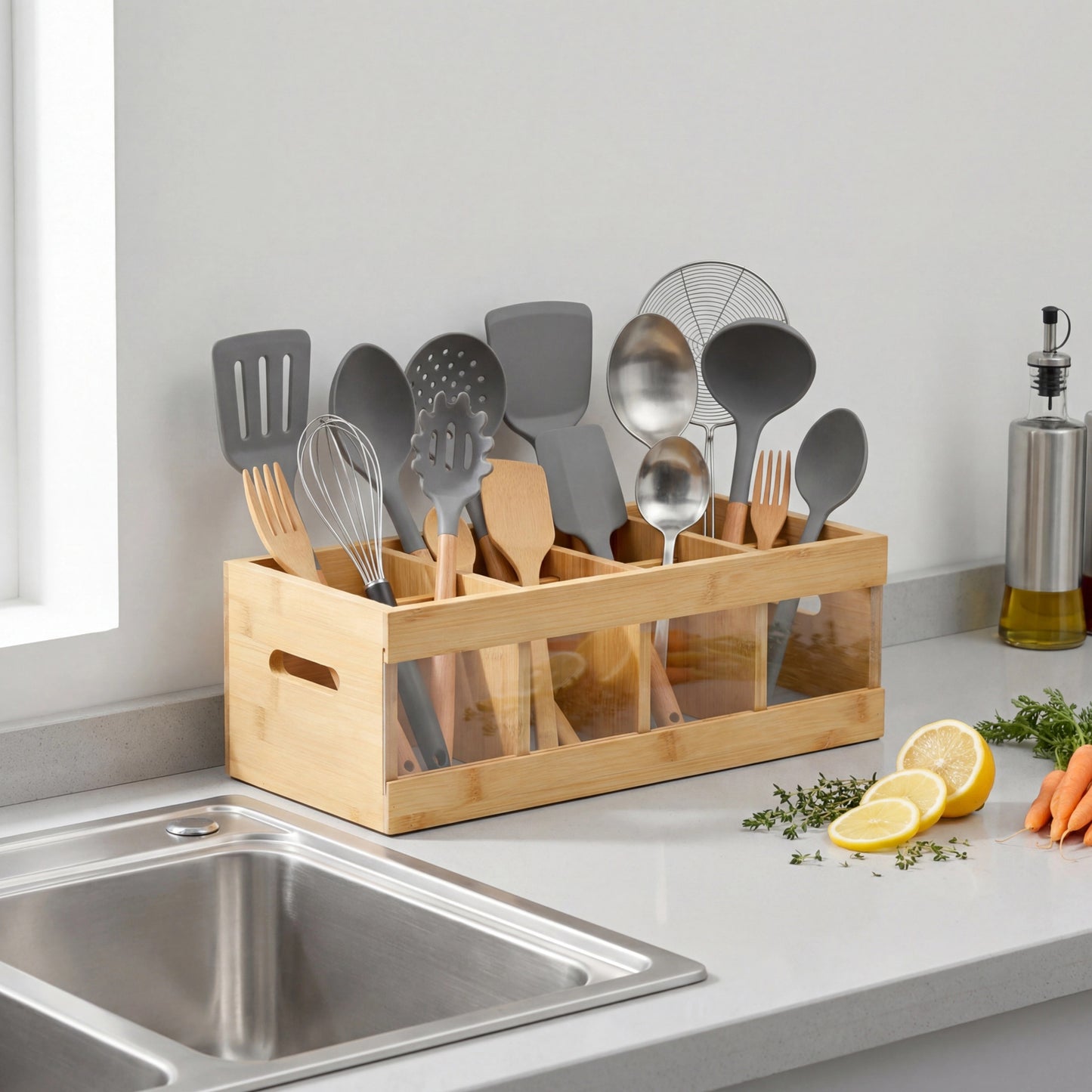 Sentryse Utensil Holder for Kitchen Counter, Extra Large Kitchen Utensil Organizer with 8 Compartments, Wooden Utensil Holder with Diatomite Base