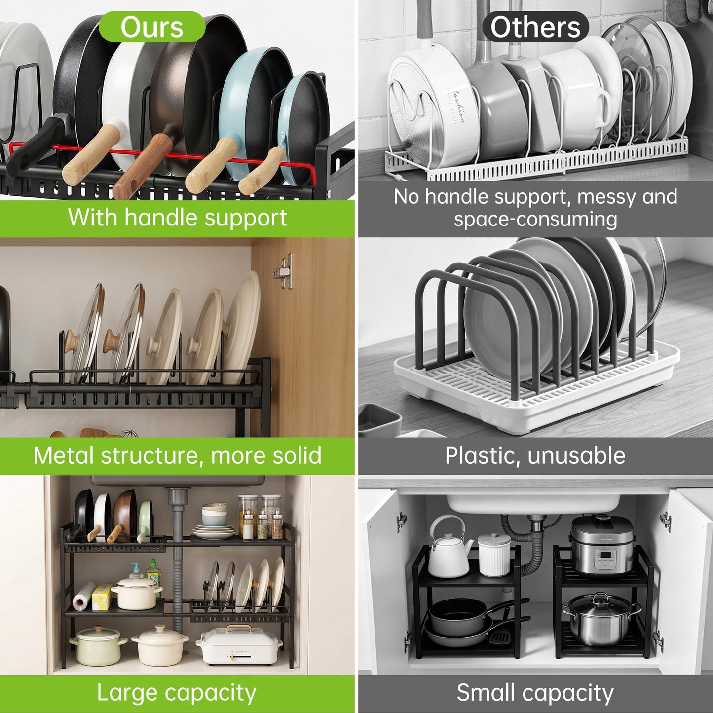 Expandable Pots and Pans Organizer Under Cabinet, 2-Tier Adjustable Pot Rack with 2 Removable Lid Holders, Black