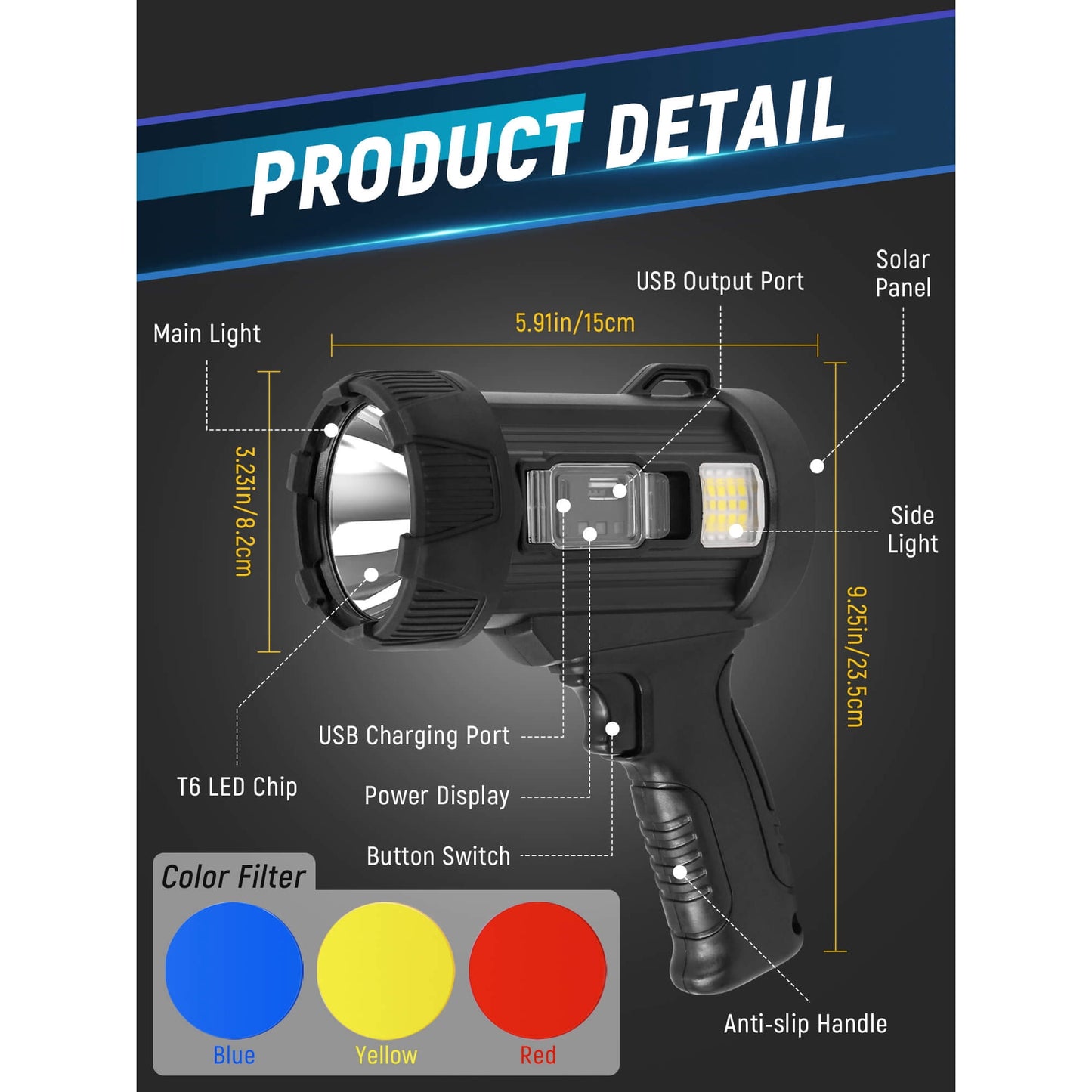 Sentryse Rechargeable Spotlight Flashlight, 99,000 Lumens Super Bright Handheld Spotlight, Long Running Spot Light Searchlight with Solar Panels for Hunting Boating Camping, Black Large