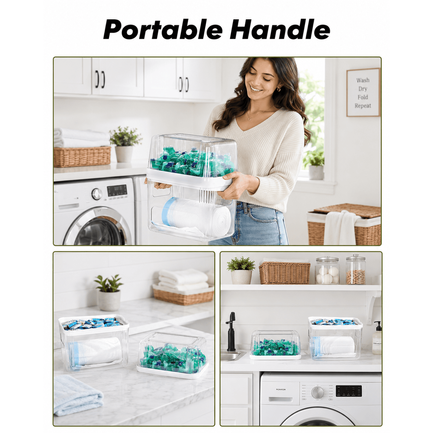 Sentryse Acrylic Trash Bag Dispenser and Pod Organizer, 3-in-1 Under Sink Storage for Trash Bags, Laundry Pods and Dishwasher Pods, Clear Kitchen Cabinet Organizer Bins