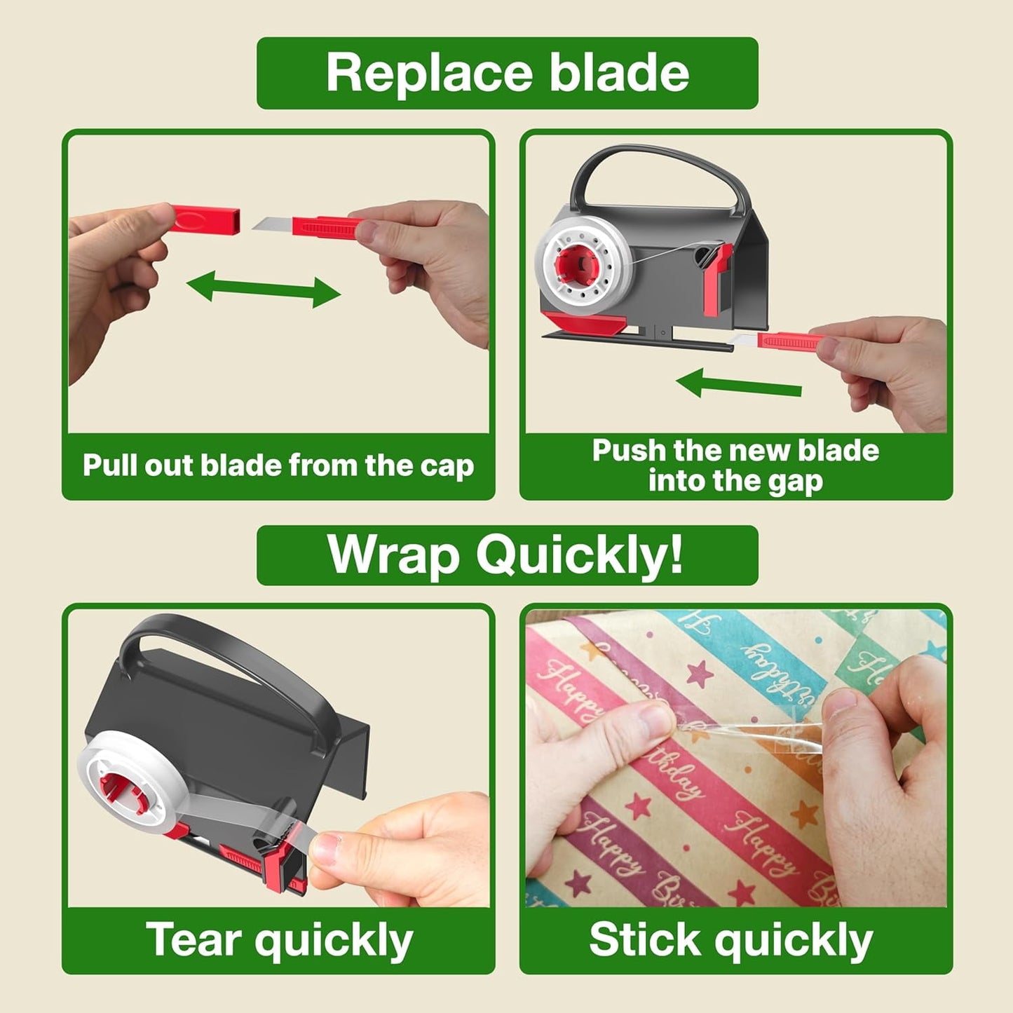 Sentryse (2-Pack) Wrapping Paper Cutter & Tape Dispenser Dual Use with 4 Tapes, 2 Replace Blades Kit, Gift Wrap Cutter Tool Paper Roll Holder Tube Sliding Slicing for Birthday Holiday