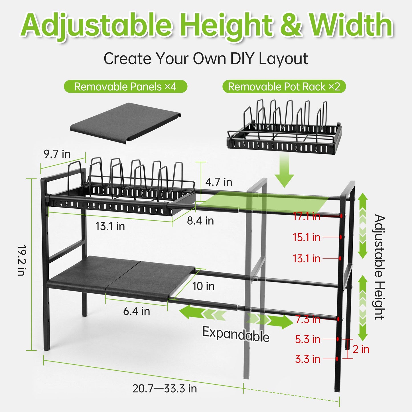 Expandable Pots and Pans Organizer Under Cabinet, 2-Tier Adjustable Pot Rack with 2 Removable Lid Holders, Black