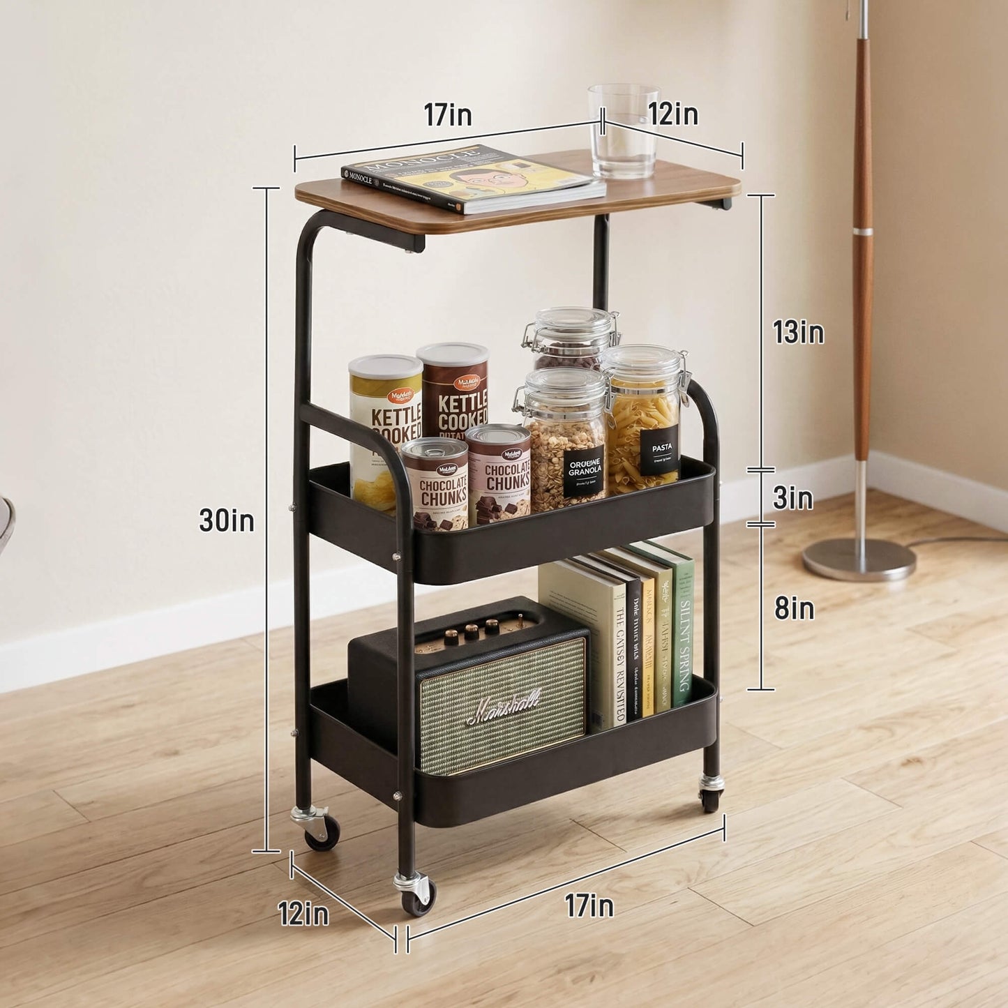 Sentryse 3 Tier Rolling Cart, Metal Rolling Utility Storage Carts with 2 Lockable Wheels, Craft Cart Organizer with Thickened Mesh Basket for Bedside Kitchen Office Art, Black