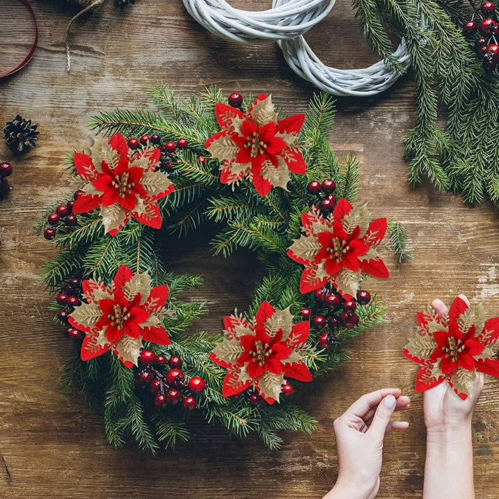 Red Poinsettia Flowers for Christmas Tree, 20 Pcs Glitter Artificial Silk Flowers Decorations with Clips & Stems for Xmas Tree Ornaments and Wreath Decoration, 5.5 Inch