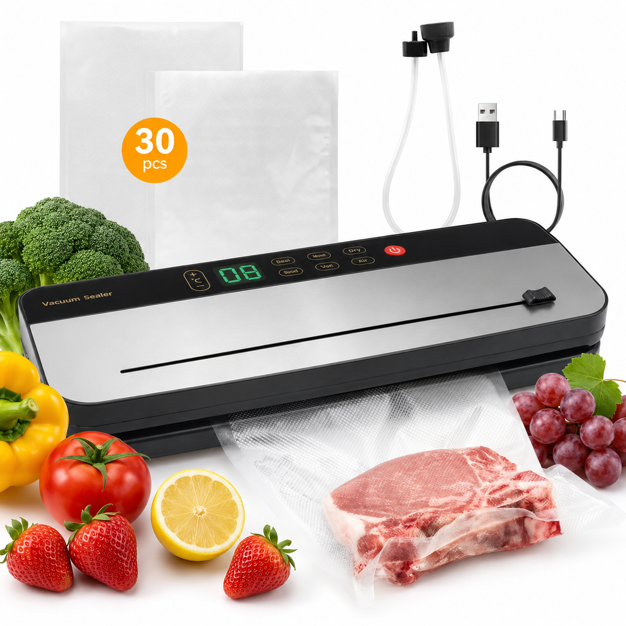 Food Vacuum Sealer Machine with 30 Vacuum Bags, 6 in 1 Rechargeable Vacuum Sealer with Dry & Moist Food Modes, Built-in Cutter, Detachable, Compact Food Sealer for Kitchen Travel Fridge Meal Prep