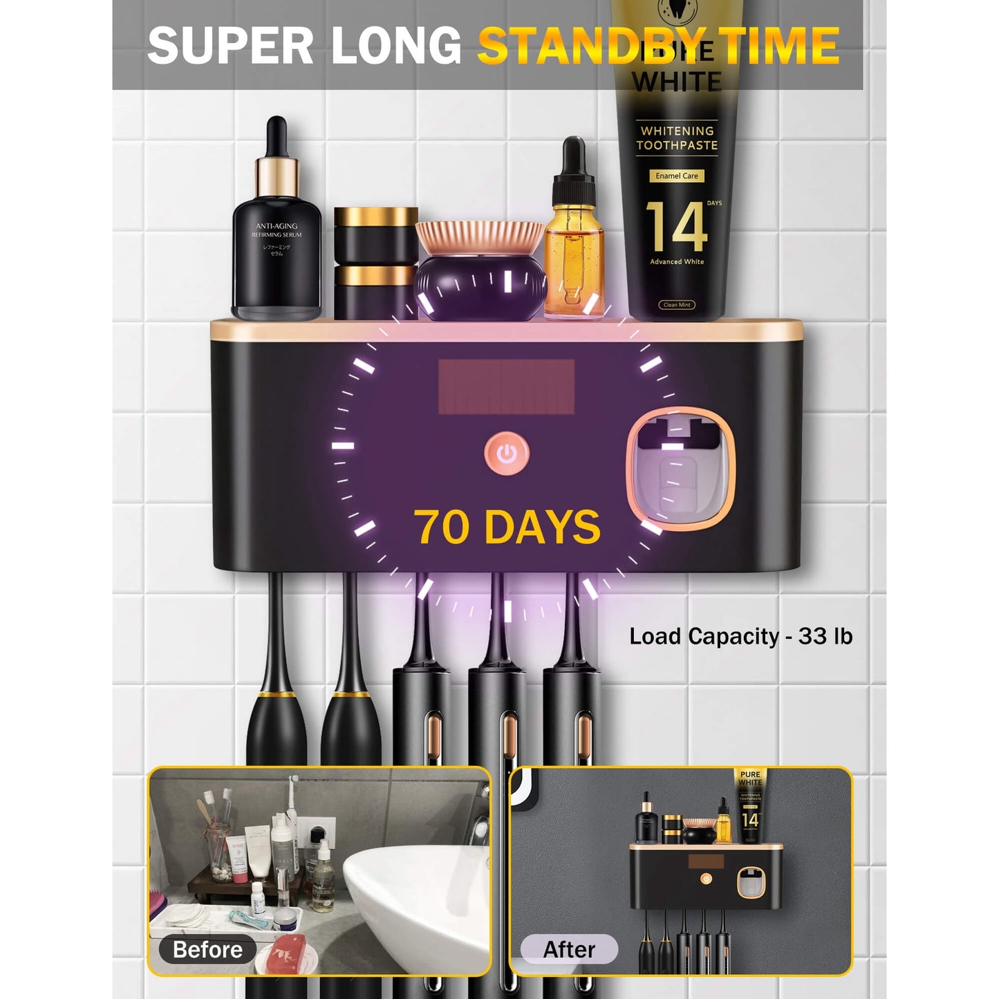Toothbrush Holders for Bathrooms, UV Toothbrush Sanitizer Wall Mounted with Toothpaste Dispenser, Large Capacity Tray, Tooth Brushing Holder & Bathroom Accessories