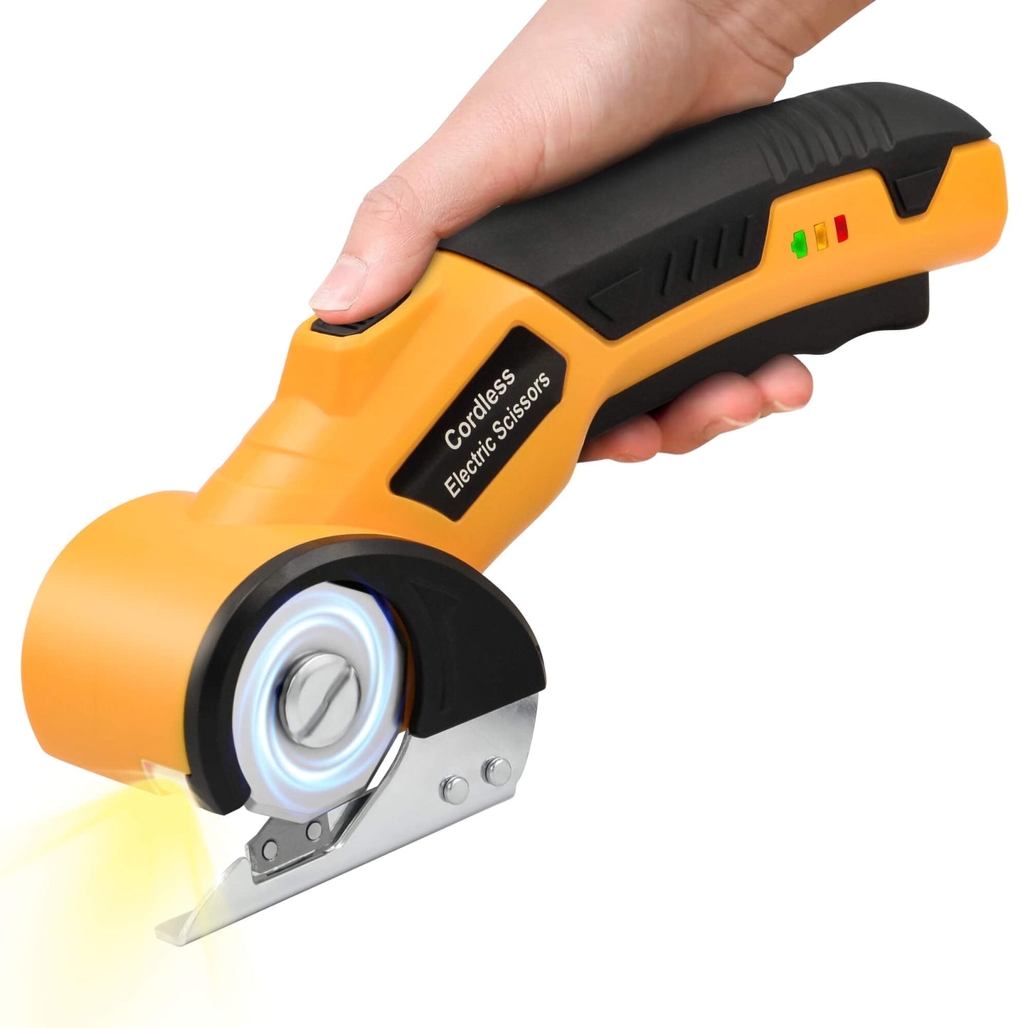 Cordless Electric Scissors, 4V Rechargeable Cardboard Cutter with LED Light ＆ Replacement Blade, Rotary Cutter with Safety Lock for Fabric Carpet Leather Plastic Cutting (Yellow)