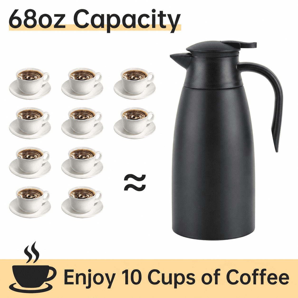 68oz Thermal Coffee Carafe, Stainless Steel Vacuum Insulated Coffee Thermos for Hot and Cold Beverage (Black)