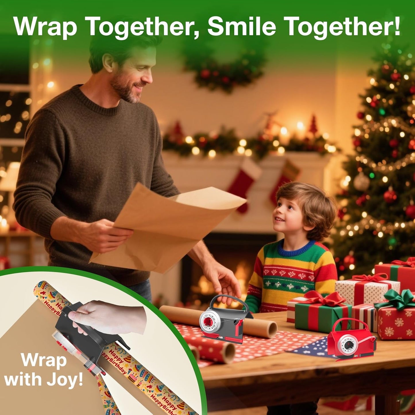 Sentryse (2-Pack) Wrapping Paper Cutter & Tape Dispenser Dual Use with 4 Tapes, 2 Replace Blades Kit, Gift Wrap Cutter Tool Paper Roll Holder Tube Sliding Slicing for Birthday Holiday
