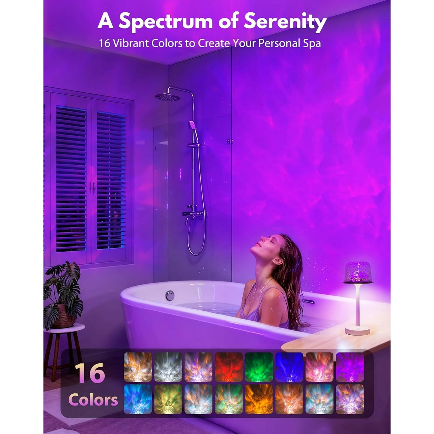 Sentryse Shower Lamp - Waterproof Bathroom Lamp with 16 Color Ocean Wave Projector, Rechargeable Shower Light with Touch & Remote Control, Cordless Light for Inside Shower/Bathtub
