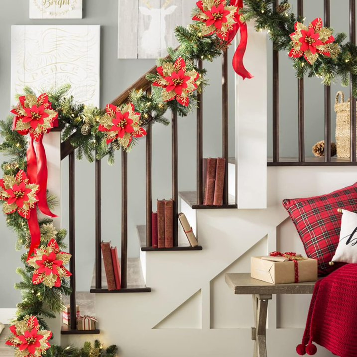 Red Poinsettia Flowers for Christmas Tree, 20 Pcs Glitter Artificial Silk Flowers Decorations with Clips & Stems for Xmas Tree Ornaments and Wreath Decoration, 5.5 Inch